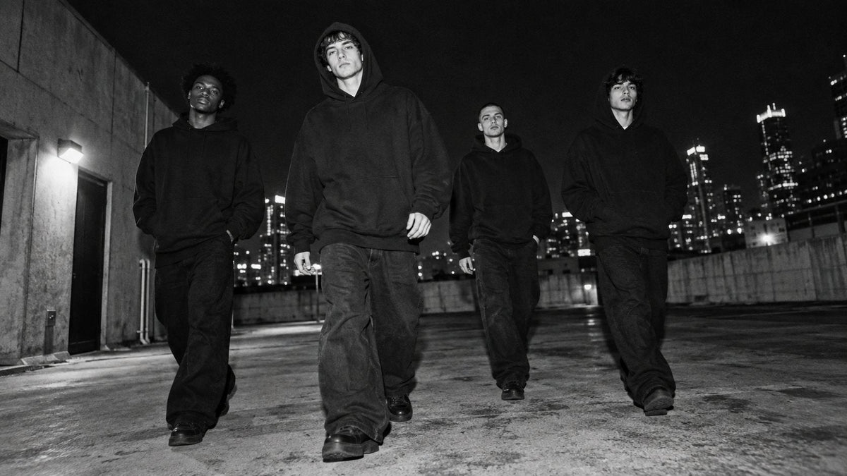 Quatre gars en hoodie noir sur un toit, la nuit